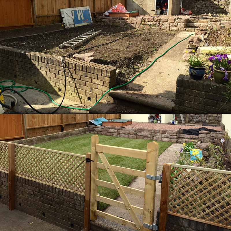 garden makeover in abergavenny new turf laid and trellis fencing attached to wall with new gate